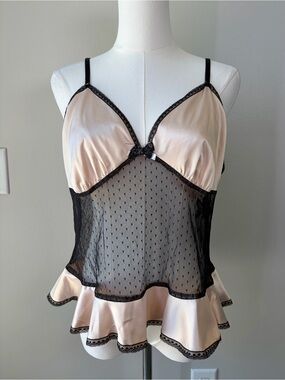 Cosmopolitan Champagne and Black Satin Mesh Polka Dot Babydoll Camisole Top